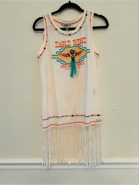 White Tank Dress with Orange & Turquoise Graphic and Fringe